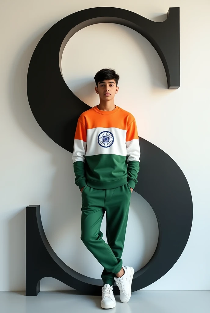 The black-haired real Indian 16-year-old boy is wearing a casual outfit including a india flag sweatshirt, jogger pants and sneakers. The man is leaning on a large bright tricolor letter ‘S’, which is black with white accents. The overall color scheme is minimal, focusing on the colors of the tricolor. The scene has a modern and clean aesthetic, with soft darks and subtle shadows