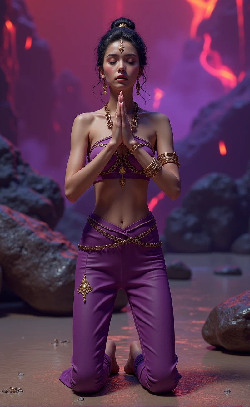 (1 nubile genie, Yes Master, in namaste pose, kneeling in namaste pose, on knees in namaste pose, praying in namaste pose, worshipping in namaste pose, perfectly rendered hands & fingers, perfectly rendered feet & toes, highly detailed face, detailed eyes, lips and skin texture, intricate detailed clothing, exotic regalia, detailed inferno environment, dynamic lighting, vivid colors, photorealistic, cinematic composition, masterpiece, best quality, 8k, highly detailed)