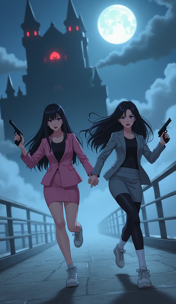 Two womens long black hairs, yuri,
(The first women wear a pink suit, black shirt, pink pencil skirt, black tight, white socks, white sneakers)
(The second women wore a grey suit, black shirt, grey pencil skirt, black tights, white socks, white sneakers)
holding a handguns, running on the long foggy bridge, smiles, the vampire castle, the vampire queen red eyes looked at them from the top floor of the tower, fantastic night sky, moon, cartoon novel, 4K, HD