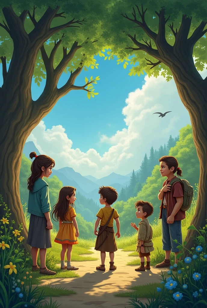 A spirited young girl from the Sunstone Tribe, A calm and wise boy from the Moonshadow Clan, A young girl from the Sky Wind Nomads, who can communicate with animals, A young boy from the Earthbound Village, known for his strength and connection to the earth. A young girl with a physical disability from the Starflower Meadows uses her inventive mind and a magical wheelchair to navigate the world, arriving at the Earthbound Village, surrounded by ancient trees and warmly welcomed by the villagers. Grandmother Elda stands before them with a wise and kind expression.