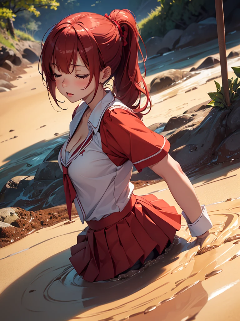 1girl, solo, masterpiece, best quality, high res, highly detailed, (illustration), beautiful detailed eyes, yuigahama yui, red hair ponytail, glossy lips, light makeup, orgasm, (looking up:1.5), eyes closed, school shirt, red skirt, cleavage, (quicksand:1.4), (from side:1.5)