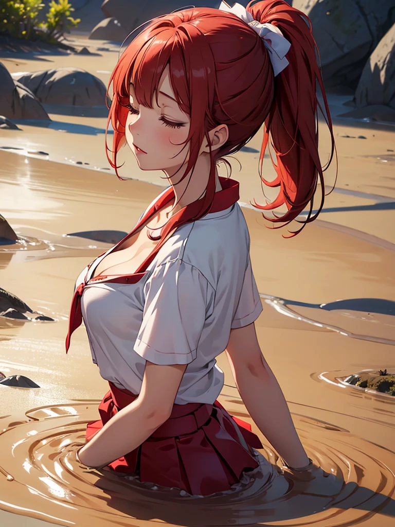 1girl, solo, masterpiece, best quality, high res, highly detailed, (illustration), beautiful detailed eyes, yuigahama yui, red hair ponytail, glossy lips, light makeup, orgasm, (looking up:1.5), intimate moment, school shirt, red skirt, cleavage, (quicksand:1.4), (from side:0), bog, swampy