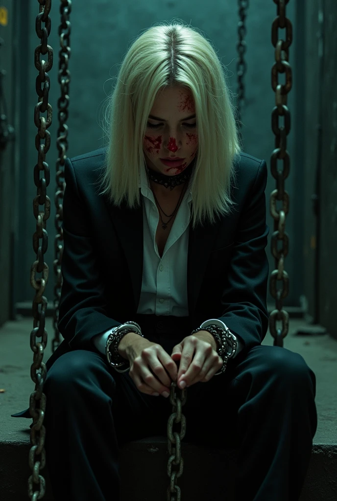 A mysterious film noir scene: a girl with light blonde hair to her shoulders sits in a dimly lit prison cell, surrounded by chains hanging from the walls and floor. The girl's face is marred by blood, her eyes cast downward as she gazes at the chain wrapped around her wrists. A black suit, white shirt with an unbuttoned collar, and dark trousers accentuate her sorrowful expression. Cinematic lighting highlights her delicate features, while bold shadows create a sense of drama. The chains' intricate details and the girl's formal attire evoke a sense of melancholy and confinement.