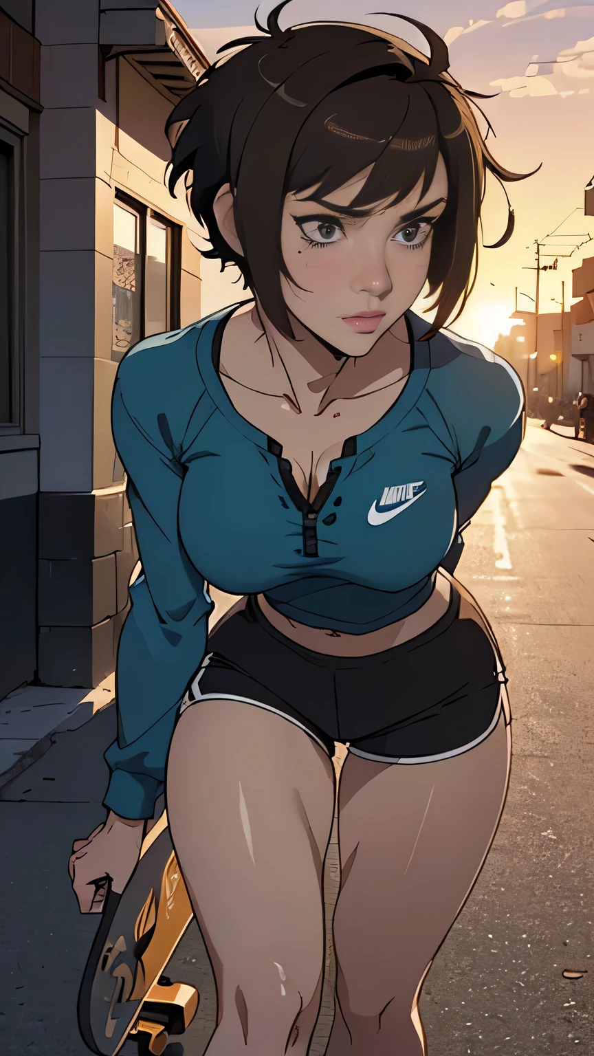 photo of mlp Meowko, RAW, beautiful woman, ((portrait)), ((detailed face:1.2)), ((anime face, anime facial feature, clear skin, glossy anime lips, clear skin), (short messy lesbian haircut, brunette: 1.55), (perfect proportioned body, Strong, muscular, narrow waist, narrow hips, skinny, large breasts), (she is wearing A tight Long sleeve Henley shirt, Boy shorts, Nike sneakers), full body, Riding a skateboard down Venice Beach, skateboarding on boardwalk, sunset Beach background, (realistic photo, best quality, detailed), (8k wallpaper), (cinematic lighting, beautiful light, (afternoon:1.3)) (sharp focus, intricate)