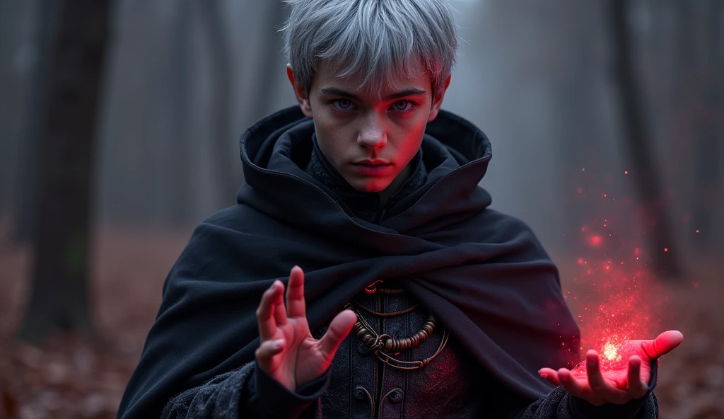 A high-fantasy horror, dark lord, a teenager 16 years half-elf boy with silver short hair and purple eyes, Dark wizard, A boy wearing a black long cloak, sauron, younger half-elf sorcerer, realism, red and dark magic aura in the hands, one ring