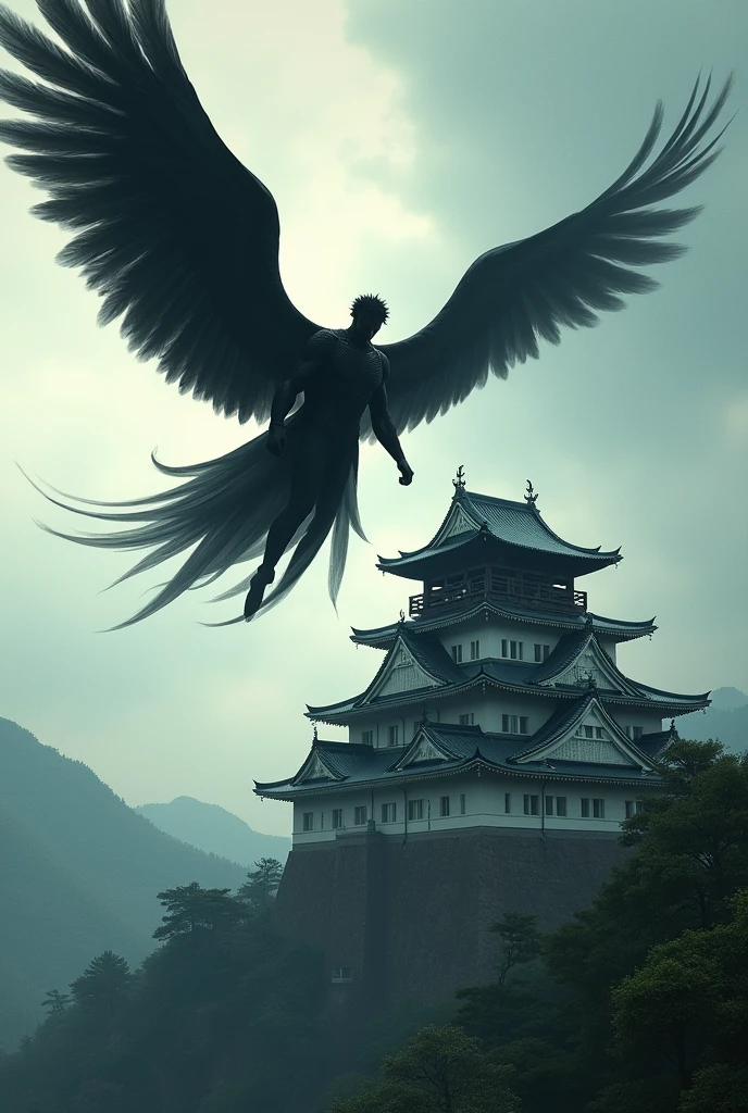 A man with jet black wings approaches, flying diagonally above a Japanese-style castle.