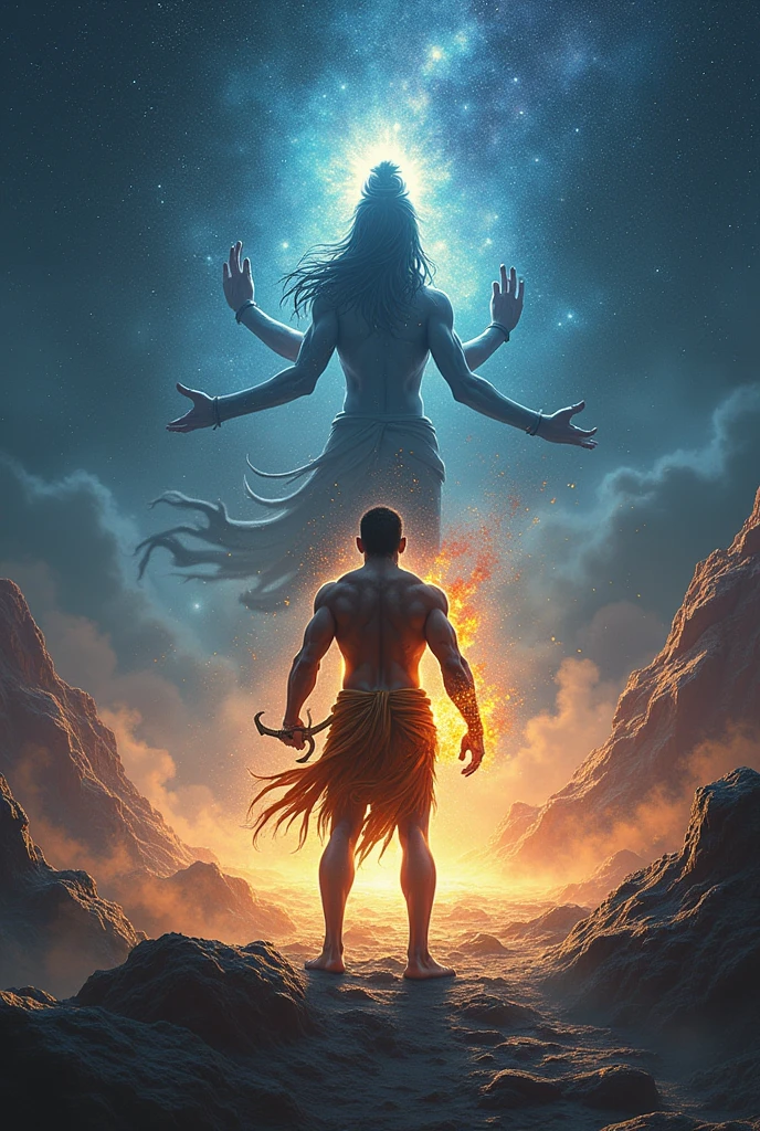 Create image of man that man is in space and standing at rough land in space and space filled with stars and from that starts make a lord shiva structure in space, that man right hand is glowing with fire and that man left hand hold a trishul weapon and he wear a tiger skin from middle of the body to down of legs and in that image small particles like water,fire,air,dust and that man view is back of the body and lord shiva should facing front body and make a image the view is clear and image should be 9x16 size