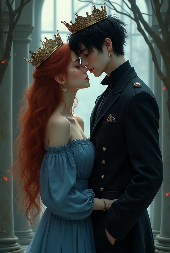 A cover for a dark romance book about vampires and humans ,the girl is human, redhead, brunette, slightly chubby and the boy is a white vampire, pale,high,black hair, messy hair and dark eyes, They have approximately the appearance of 17 year olds/21 años
Ella viste de un vestido sencillo color azúl marino y el viste completamente de negro muy elegante
Ambos usan coronas
El es muy high y ella más bajita
Ella es un poco gordita