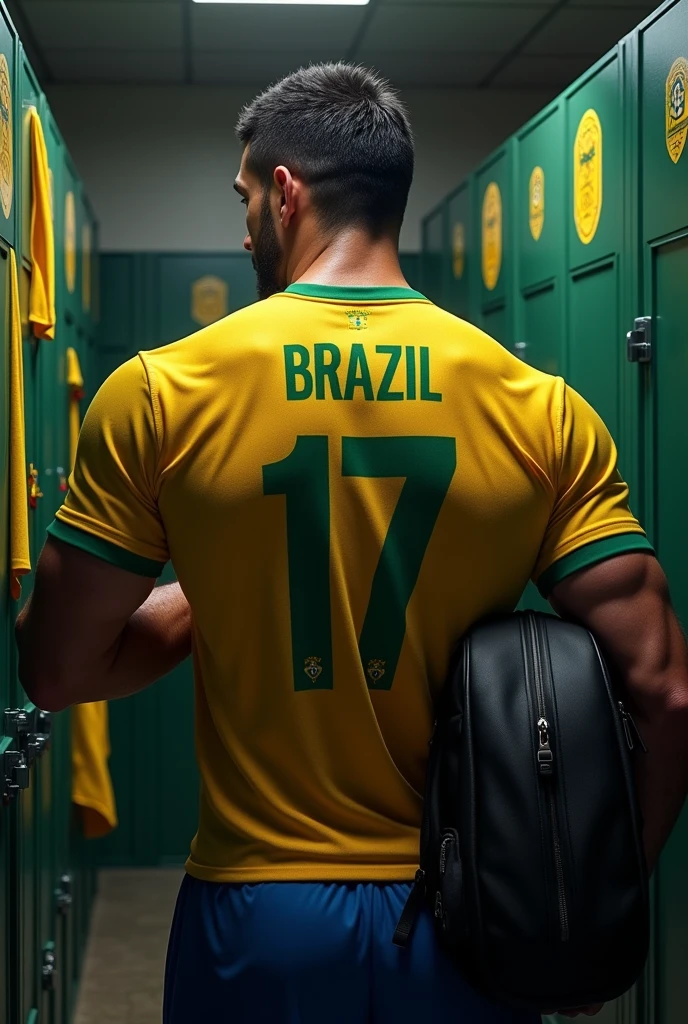 Make a strong and sweaty man with the Brazilian national football team shirt, storing a backpack inside a locker.