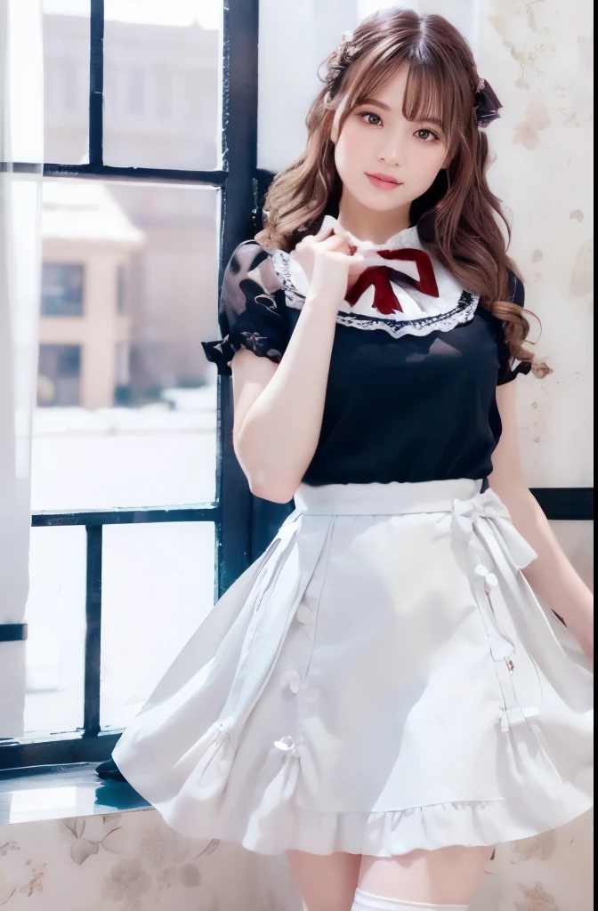 (indoor), (Window), (masterpiece), (最high quality), (Very detailedな), (Best Shadow), (photoRealistic:1.4), Frilled blouse, skirt, white ankle socks, high quality, masterpiece, Very detailedな, High resolution, 4K, 超High resolution, Detailed Shadows, Ultra-realistic, Dramatic lighting, One Girl, alone, Detailed face, Realistic eyes, Realistic Skin, Dynamic Hair, Dynamic pose, Dynamic Angle, White floral dress, White Background, Urzan-6500-v1.1, (RAW Photos:1.2), ( Realistic:1.4), Beautiful detailed girl, Very detailed eyes and face, Beautiful attention to detail, Ridiculous, incredibly Ridiculous, Large file size, Very detailedな, High resolution, Very detailed, 最high quality, (Bright interior), (Soft Light), (Low contrast), (Shallow depth of field), (portrait of a beautiful woman illuminated by gentle light), (Very delicate and elegant depiction), (Short bangs), (Hair color is dark chestnut with a slight brown tinge), (Hair with subtle and gentle waves), (Decorated with thin ribbons), ( White blouse with small frills), (bow tie), (青いロングskirt), (White short ankle socks), shape, Very detailed, CG, Unified, 8k wallpaper, wonderful, Finer details, 最high quality, Very detailed CG Unified 8k wallpaper, Face Light, Cinema Lighting,