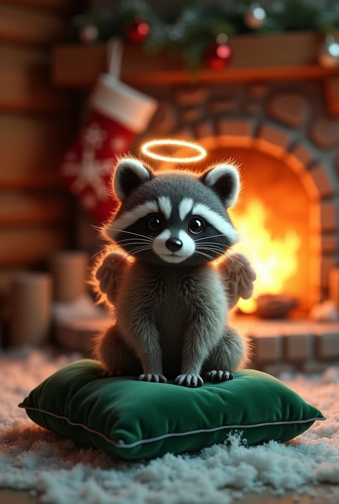 captivating photograph of a cute extra fluffy baby realistic raccoon, with fluffy wings and a halo, sitting majestically on a GREEN velvet cushion. The RACOON's features are adorably cute and its body is intricately crafted. It's situated in front of a warm, inviting fireplace in a cozy snowy cabin. The hearth is filled with crackling flames, and there's a festive stocking hanging above. The overall atmosphere is magical, nostalgic and filled with a sense of peace and joy., photo, 3d render, conceptual art