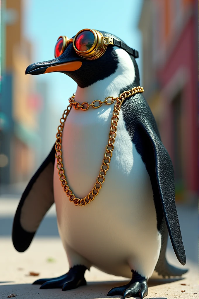 Penguin wearing googles and gold chain