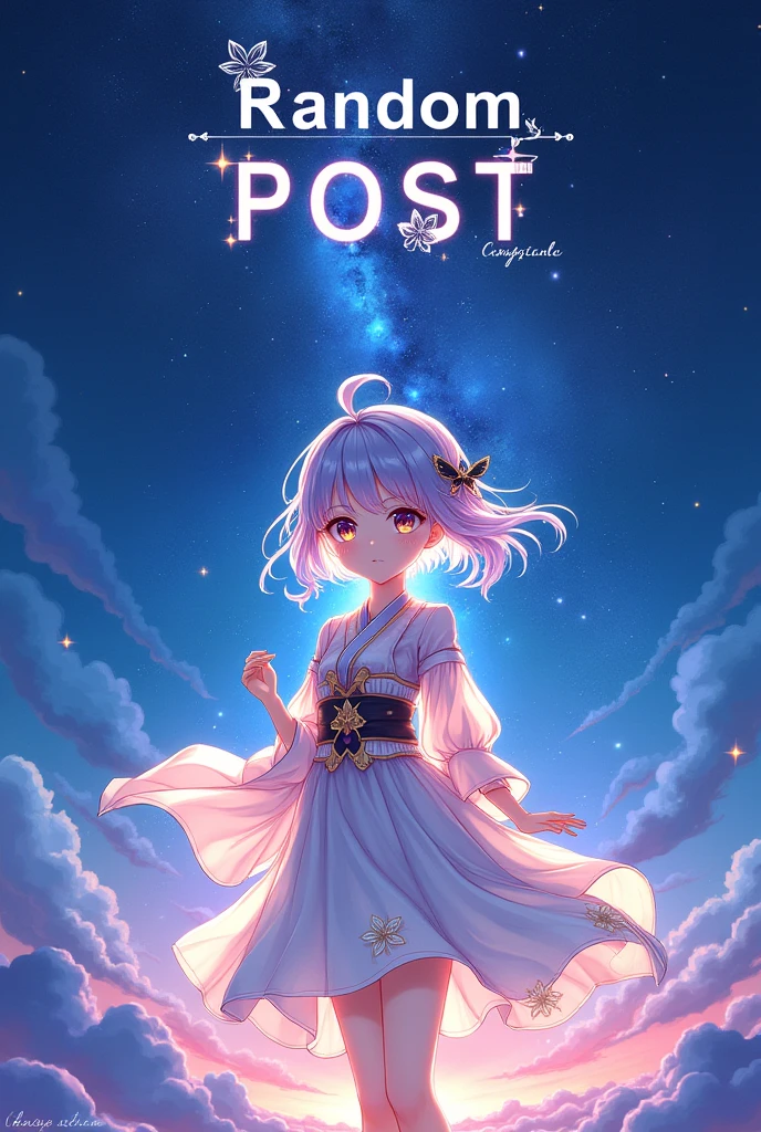 Make a 700 x 700 image with a star and sky setting with anime and a genshin impact style anime girl holding the text Random Post, do it as if it were a public poster