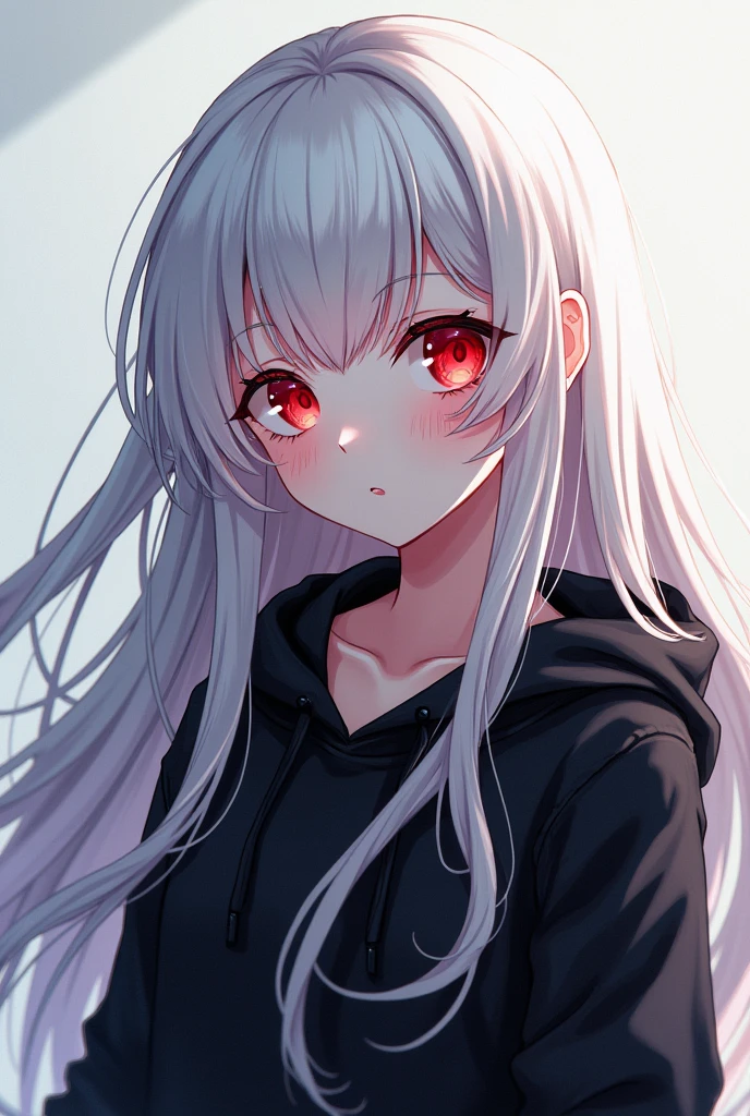 Anime girl with long white hair and red eyes wearing a black hoodie