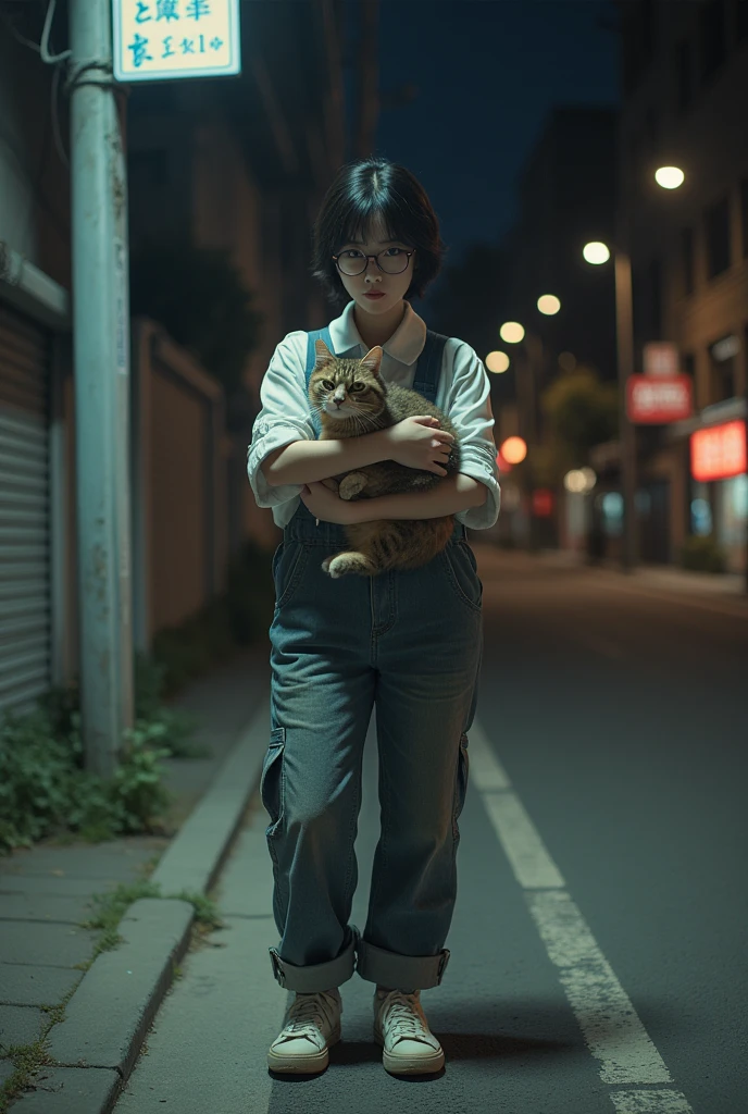 Korean women、Shortcuts、Wearing dirty overalls、The eyes are bright、Intellectual、quiet、Standing on a street corner at night、Wear glasses、sneakers、Looks lonely、Holding a cat