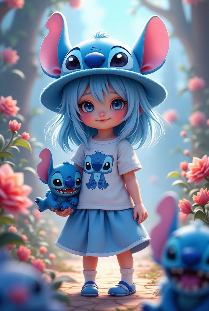 1 girl, con gorro de stich, her stich t-shirt, light blue skirt, in her hand a stich stuffed animal, light blue hair, long and fringed. 