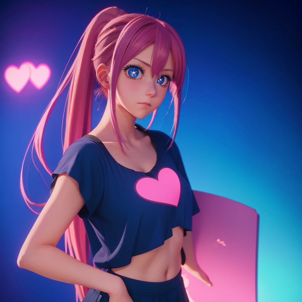 Anime girl with pink hair and blue eyes holding a heart, lofi girl, anime Mo artstyle, , anime atmosphere, anime style. 8 K, flat anime style shading, stomach, pink hair in a ponytail and blue eyes, I keep a pose of bashfulness, in an anime style, anime stylized, sweet, anime girl