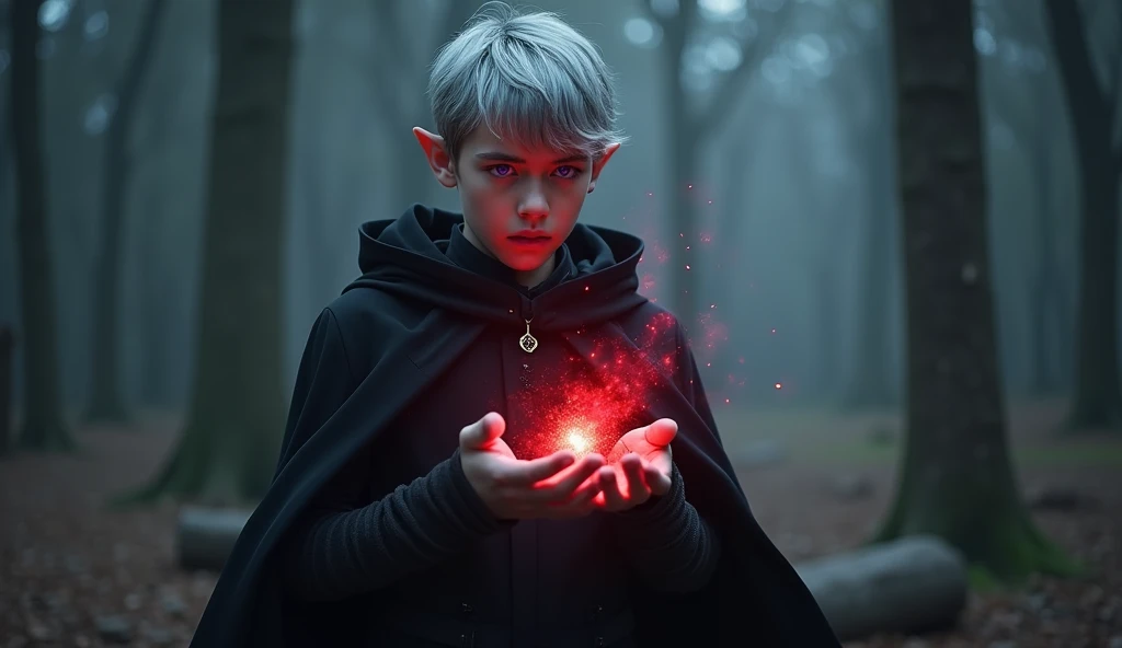 A high-fantasy horror, dark lord, a teenager  half-elf boy with silver short hair and purple eyes, Dark wizard, A boy wearing a black long cloak, dol guldur scenary, younger half-elf sorcerer, realism, red and dark magic aura in the hands, one ring