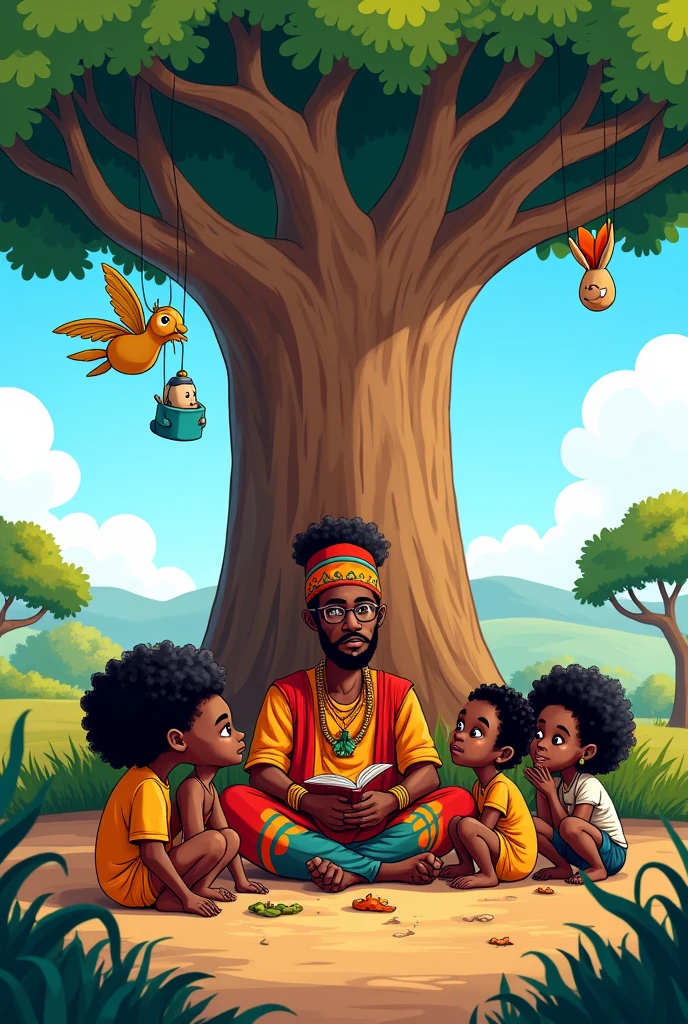 A cartoon illustration of an African Griot, Storyteller. The Griot will be under an African baobab tree with several black children with curly, braided hair., using puppets.