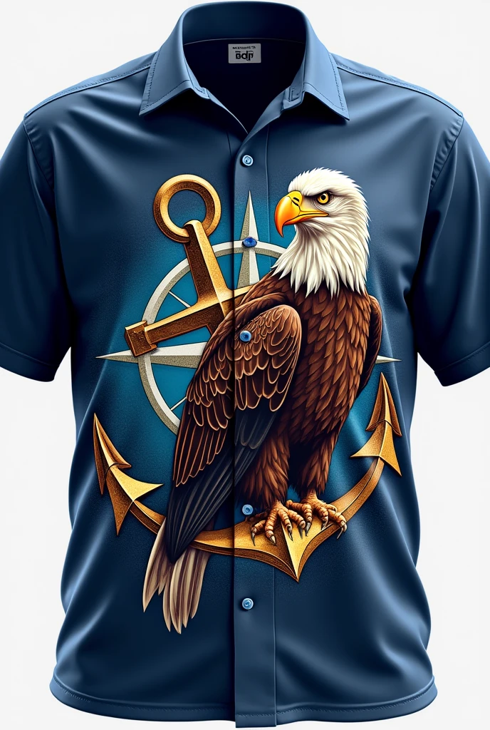 A navy blue shirt with an eagle next to an anchor and a white compass behind it, jovial 