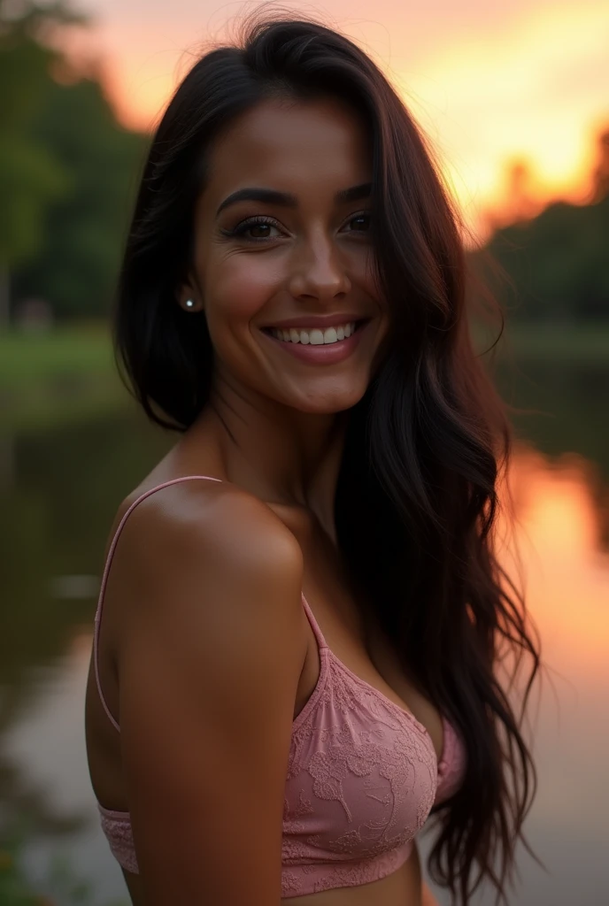 (High resolution:1.2),portrait,Latina Woman, 30 years,Long hair, straight and black,hazel eyes,smiling,In his bedroom,during a beautiful sunset,Soft lighting,serene atmosphere,nature,majestic trees,subtle breeze,lush vegetation,Calm water surface,night sky with warm orange and pink tones,peaceful reflection on the lake, underwear, elegant movement,happy expression,Delicate details on facial features,fine strands of hair gently swaying,soft caress of sunlight on your skin,harmonious composition of nature and beauty, small breasts