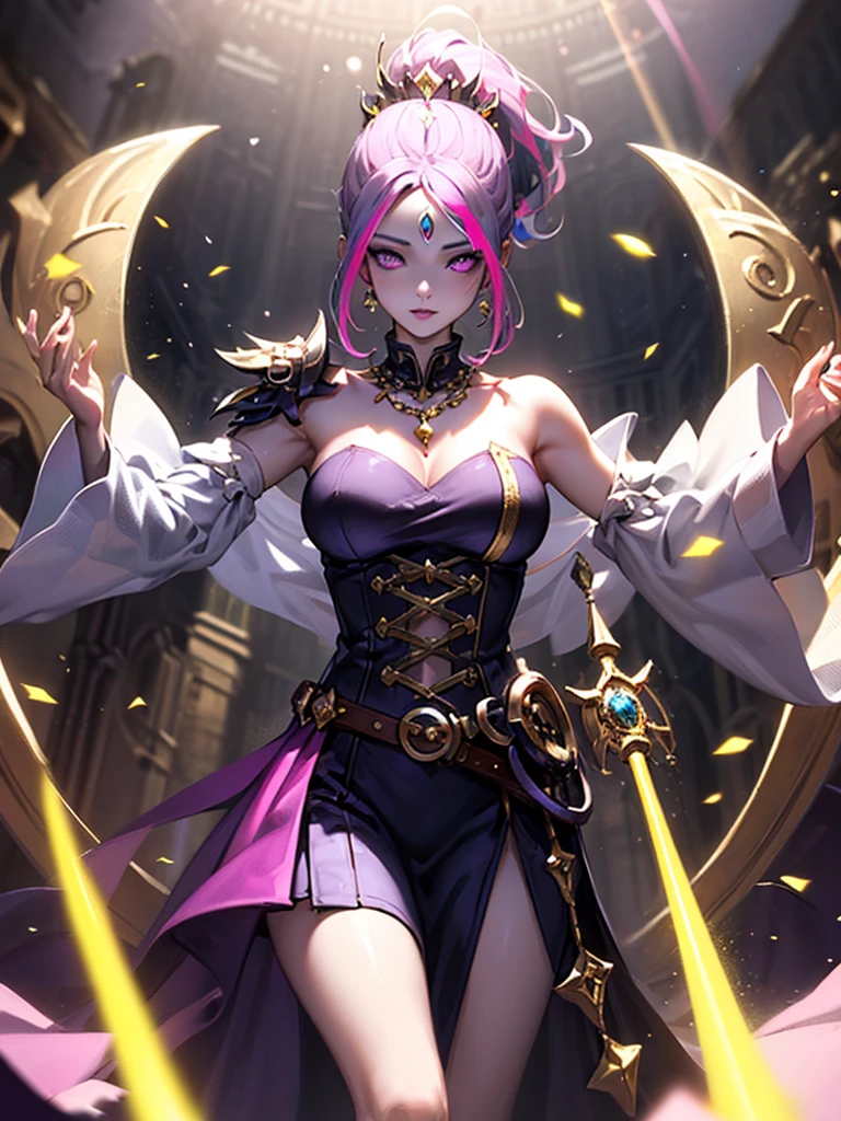 Vampire Queen Combat Dress (Radiant Royal Cloak: 1.2) Black and Purple Color outfit, (extremely delicate beautiful eyes and depression but arrogant eyes), (multicolor, ponytail, iridescent hair, colorful hair, half purple and half pink hair: 1.3), (magical, mythic,fantasy), (Super Model Body Shape, idol, seducing body, attractive, gorgeous, charming, majesty, Sexy Devil aura), Original Character, Masterpiece, Tempting Purple Eyes, Purple Gemstone Accessories, Gold Belt, Gold Necklace, Evil Wind and floating effect, Soft Moonlight, unique crown, (Lewd Corruption Tattoo on 1;1.25),16k wallpaper style,bare shoulders, cute, solo, stars, stardust, shiny body detailed, legend, pink lips, cinematic lighting, scale up, twilight, dark magic, dark element, perfect shadow, purple gem on forehead, overwatch, raven
