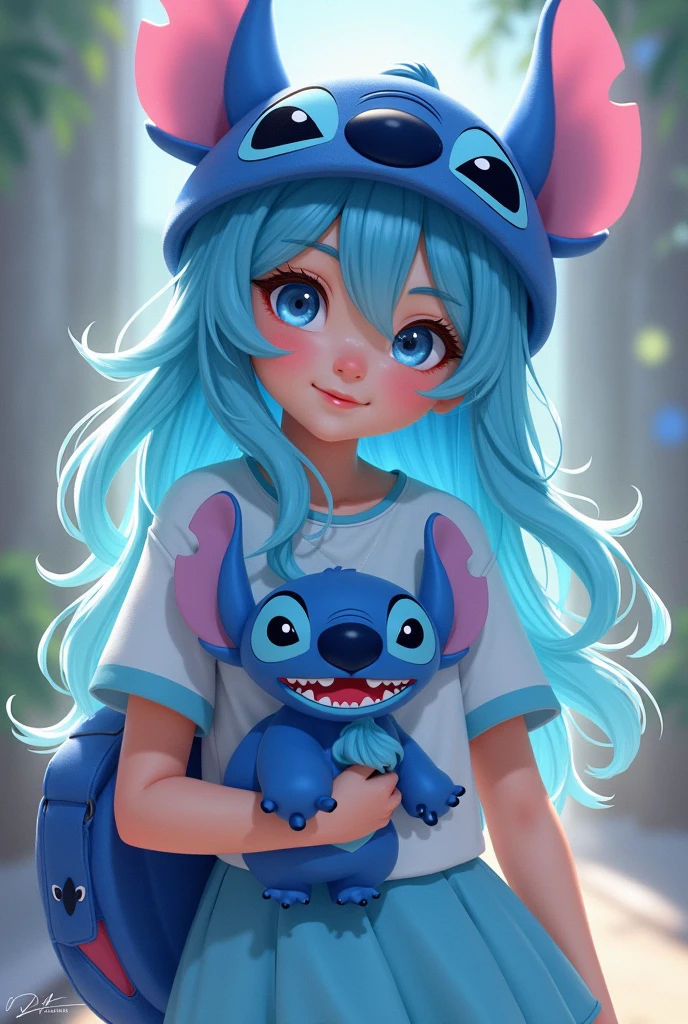 1 girl, con gorro de stich, her stich t-shirt, light blue skirt, in her hand a stich stuffed animal, light blue hair, long and fringed.