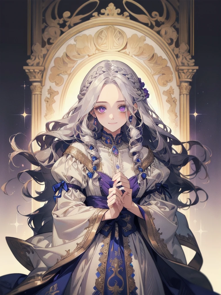 ((Highest quality)), ((masterpiece)), (detailed), Detailed face、Fine clothes、White hair that glows pale in seven colors、Long Wavy Hair、Curly long hair、The forehead is protruding、Violet-blue dawn eyes、beautiful girl、human、One person、flower、Smile、curly hair,Ancient Greek and Roman Dresses、One personのbeautiful girl、Braid