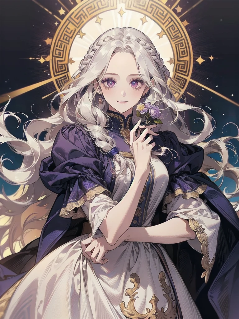 （absurderes，A high resolution），（in a panoramic view），full bodyesbian，A woman who is，mature，big breasts beautiful，Tall，The queen dresses，Lilac intricate dress，Exquisite，Brown eyes，pale-blonde hair，Wears a silver crown on his head，Tears，magic，Delicate wand，Medieval town，borgar