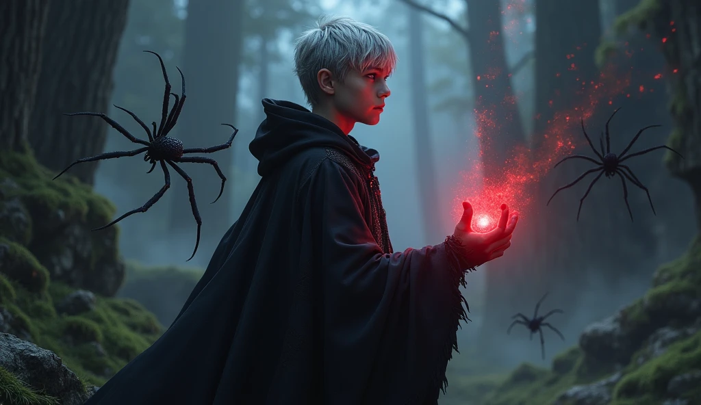 A high-fantasy horror, dark lord, a teenager  half-elf boy with silver short hair and purple eyes, Dark wizard, A boy wearing a black long cloak, dol guldur scenary, younger half-elf sorcerer, realism, red and dark magic aura in the hands, the red ring, great spiders before