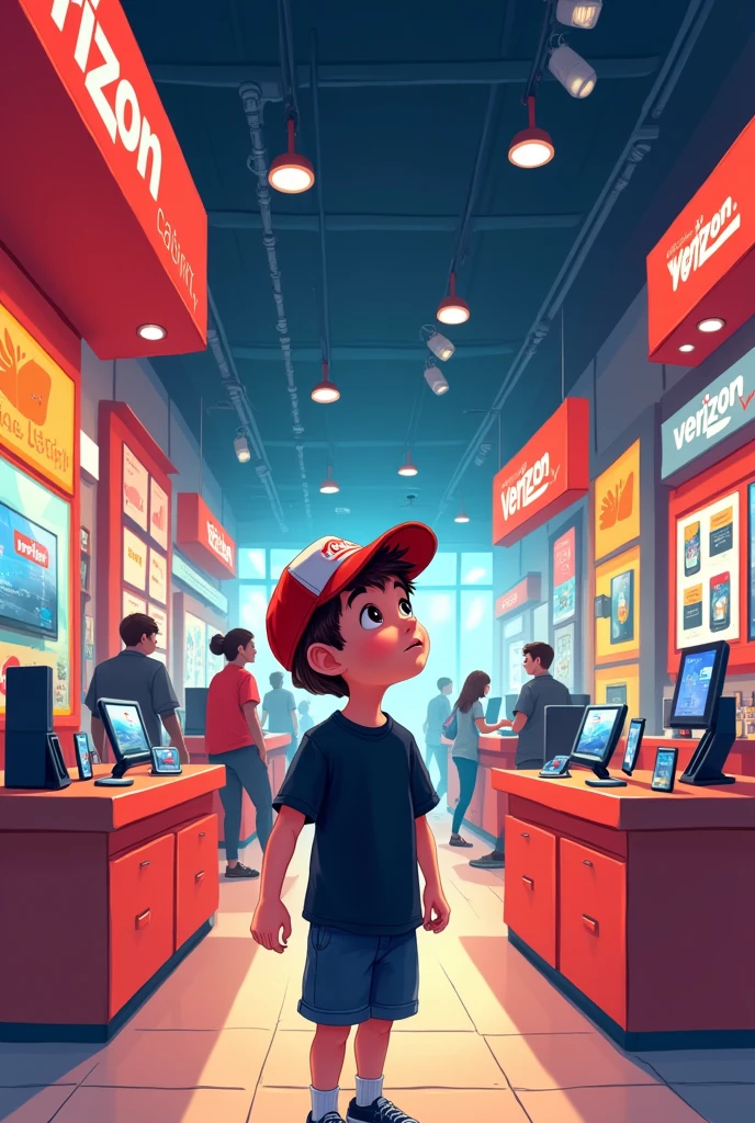 A boy with a cap and a black shirt attending a telephone store called Verizon in a cartoon