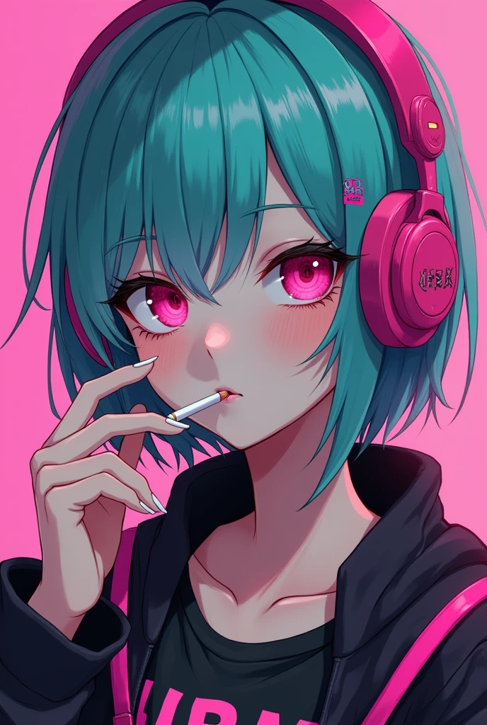 anime cyberpunk serious girl, without emotions, pink headphones, turquoise short hair, cigarette, pink eyes, Shikima XXX logo, five fingers