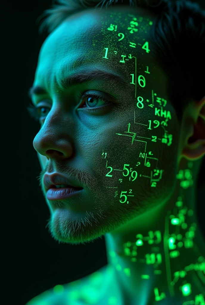 Close-up of a cyborg man's face, glowing green holographic equations projected onto his skin. Intense gauze, realistic features. Dark background, cyberpunk aesthetic. Luminous mathematical formulas, handwritten style. Futuristic, high-tech atmosphere. Photorealistic rendering, dramatic lighting, sharp contrast
