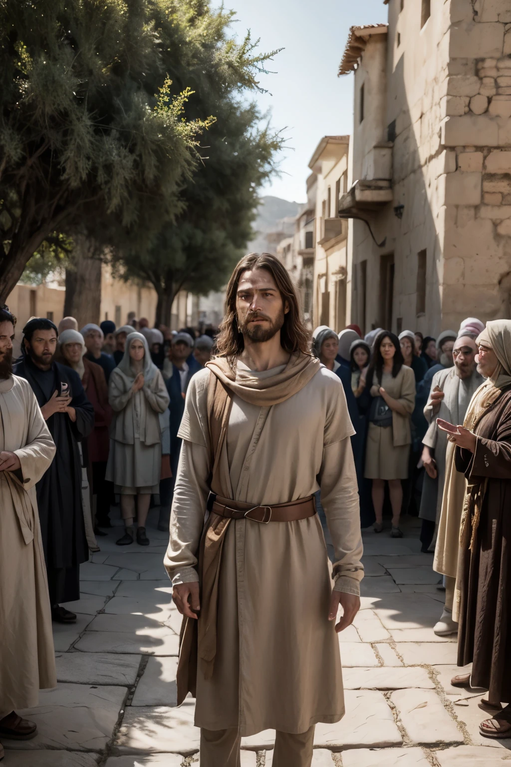 "Create a hyper-realistic 8K image of Zacchaeus standing on the ground next to the sycamore tree, looking up at Jesus with a mix of awe and humility. He is wearing the same traditional ancient Hebrew clothing: a simple linen tunic, a leather belt, and an earthy-toned cloak. The setting is in the dusty streets of Jericho, with warm, terracotta hues reflecting the environment. Jesus is in the background, gesturing towards Zacchaeus, while the crowd watches the interaction. --v 5 --q 2 --ar 9:16"

