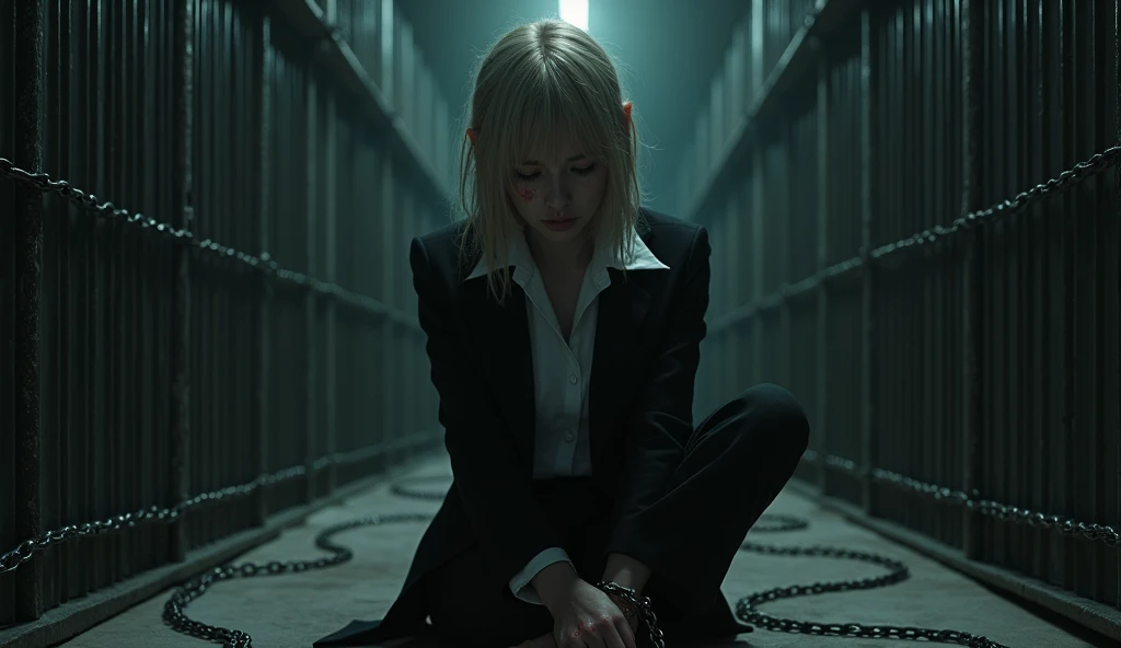 A mysterious film noir scene: a girl with light blonde hair to her shoulders sits in a dimly lit prison cell, surrounded by chains hanging from the walls and floor. The girl's face is marred by blood, her eyes cast downward as she gazes at the chain wrapped around her wrists. A black suit, white shirt with an unbuttoned collar, and dark trousers accentuate her sorrowful expression. Cinematic lighting highlights her delicate features, while bold shadows create a sense of drama. The chains' intricate details and the girl's formal attire evoke a sense of melancholy and confinement.
