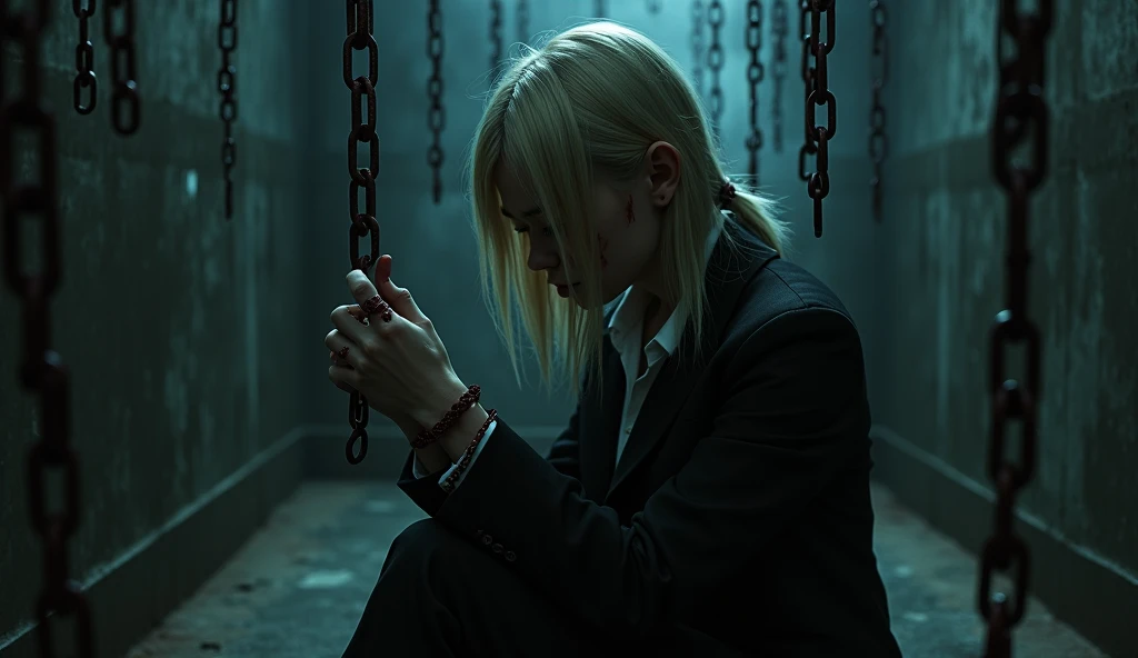 A mysterious film noir scene: a  girl with light blonde hair to her shoulders sits in a dimly lit prison cell, surrounded by chains hanging from the walls and floor. The girl's face is marred by blood, her eyes cast downward as she gazes at the chain wrapped around her wrists. A black suit, white shirt with an unbuttoned collar, and dark trousers accentuate her sorrowful expression. Cinematic lighting highlights her delicate features, while bold shadows create a sense of drama. The chains' intricate details and the girl's formal attire evoke a sense of melancholy and confinement.