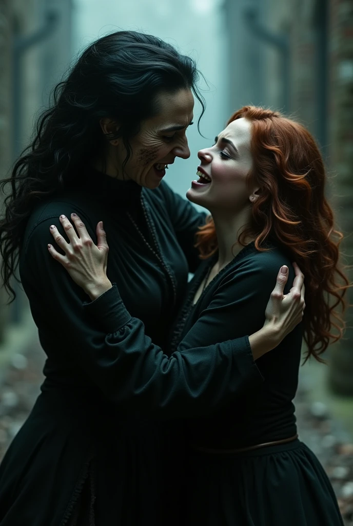 Bellatrix Lestrange holds Hermione Granger by throat and she’s looks furious, Hermione is scared