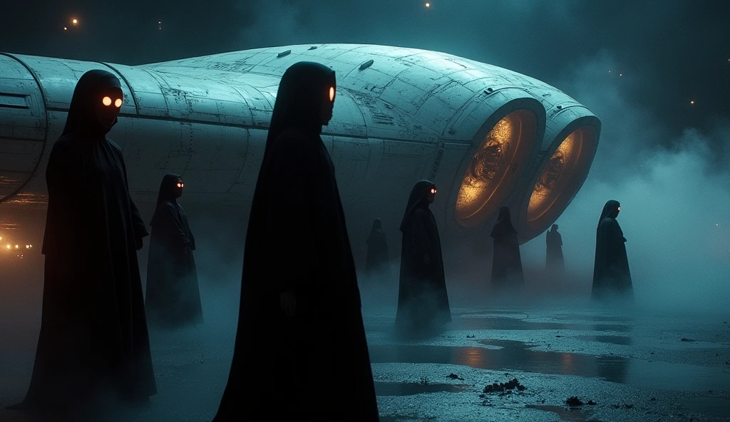 Deep in outer space, Wes Craven - inspired alien nuns with eerie glowing eyes conduct a dark ritual aboard a surreal spacecraft designed in the style of Zaha Hadid, while Yoko Ono's experimental music echoes through the vessel, evoking a sense of cosmic horror. Aesthetic keywords: Outer space, eerie glowing eyes, dark ritual, surreal spacecraft, experimental music, cosmic horror. insanely detailed and intricate, hypermaximalist, elegant, hyper realistic, super detailed, HDR, high quality, 16k --ar 3:5 --s 1000 --q 5 --v 5.1 --c 100
