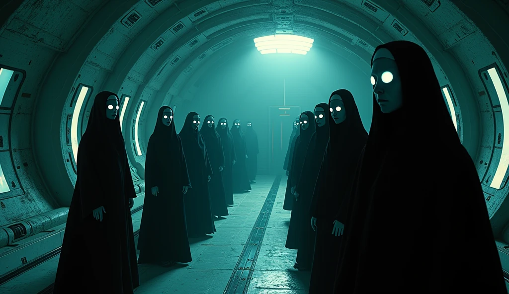 Deep in outer space, Wes Craven - inspired alien nuns with eerie glowing eyes conduct a dark ritual aboard a surreal spacecraft designed in the style of Zaha Hadid, while Yoko Ono's experimental music echoes through the vessel, evoking a sense of cosmic horror. Aesthetic keywords: Outer space, eerie glowing eyes, dark ritual, surreal spacecraft, experimental music, cosmic horror. insanely detailed and intricate, hypermaximalist, elegant, hyper realistic, super detailed, HDR, high quality, 16k --ar 3:5 --s 1000 --q 5 --v 5.1 --c 100