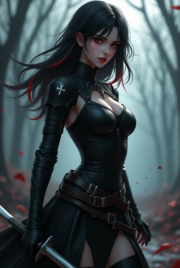 A dark-fantasy themed female character with shoulder-length raven black hair with blood-red highlights, intense dark eyes, and radiant skin. She is wearing a leather hunter's armor with crosses and holding a silver stake. She is standing in the haunted countryside hunting vampires. The background is blurred to create a three-dimensional effect and atmosphere. Her hair is flowing and her lips are glossy. She has a focused expression and is in a dynamic pose. The image is full body, life size, and has perfect anatomy with detailed skin texture. The image is in 4K anime style quality, digital drawing mode, and has full HD, 4K, HDR, and depth of field