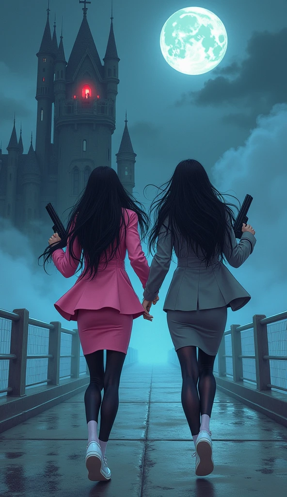 Two womens long black hairs, yuri,
(The first women wear a pink suit, black shirt, pink pencil skirt, black tight, white socks, white sneakers)
(The second women wore a grey suit, black shirt, grey pencil skirt, black tights, white socks, white sneakers)
holding a handguns, running on the long foggy bridge, smiles, the vampire castle, queen vampire red eyes looked at them from the top floor of the tower, fantastic night sky, moon, cartoon novel, 4K, HD