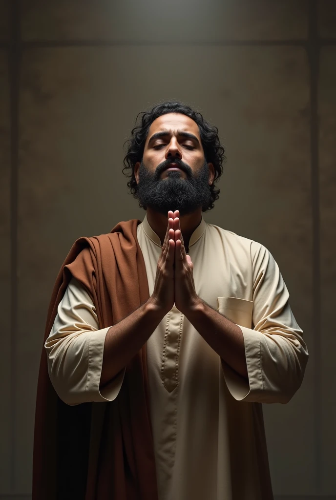 beard muslim man,raise both his hands up to the level of his shoulders