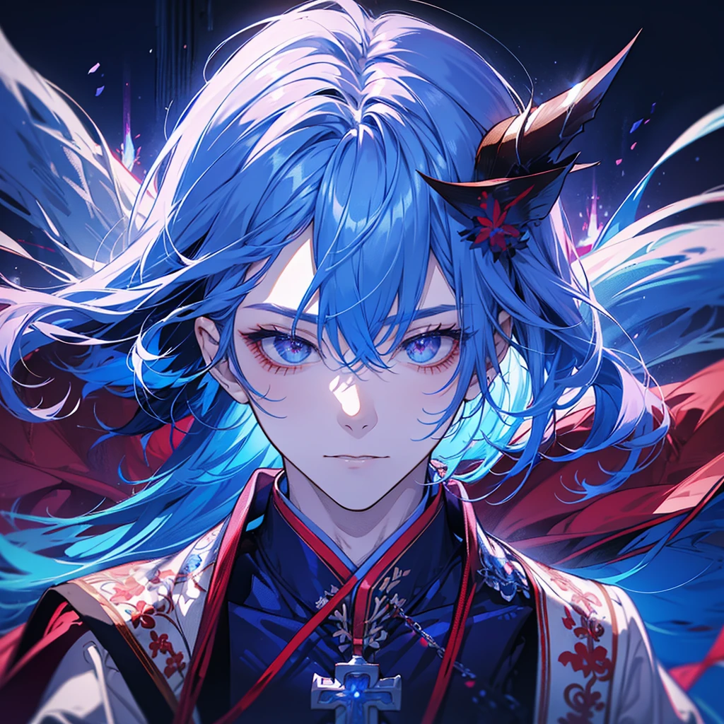 Man, handsome, refreshing, blue hair, red demon-like horns, gentle eyes, blue kimono, one purple hair, horns as head decoration, wolf cut, horns, silver necklace