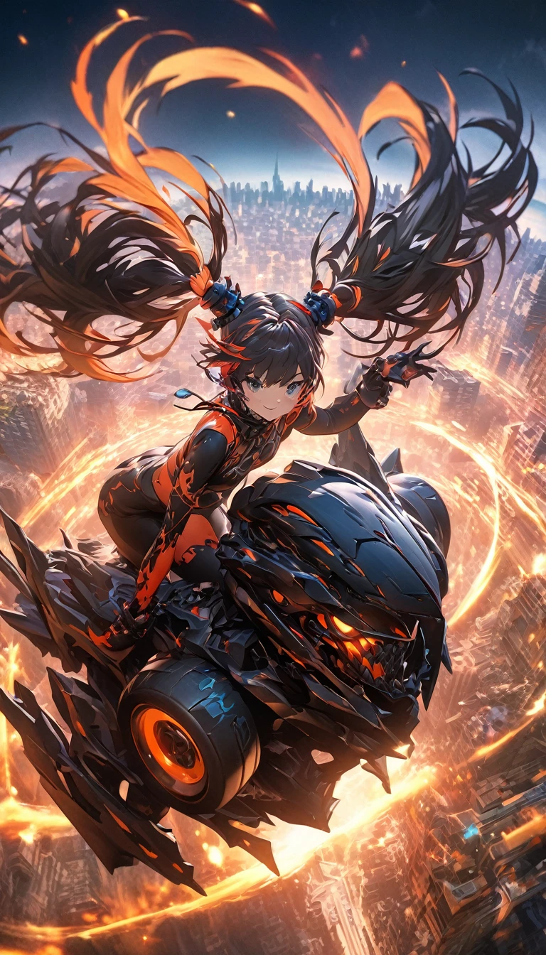 舌、masterpiece, best quality, extremely detailed CG unity 8k wallpaper, A gal with twin tails. Unusual fashion. The background is a cityscape lined with buildings. Octane rendering style. 2.5D art.