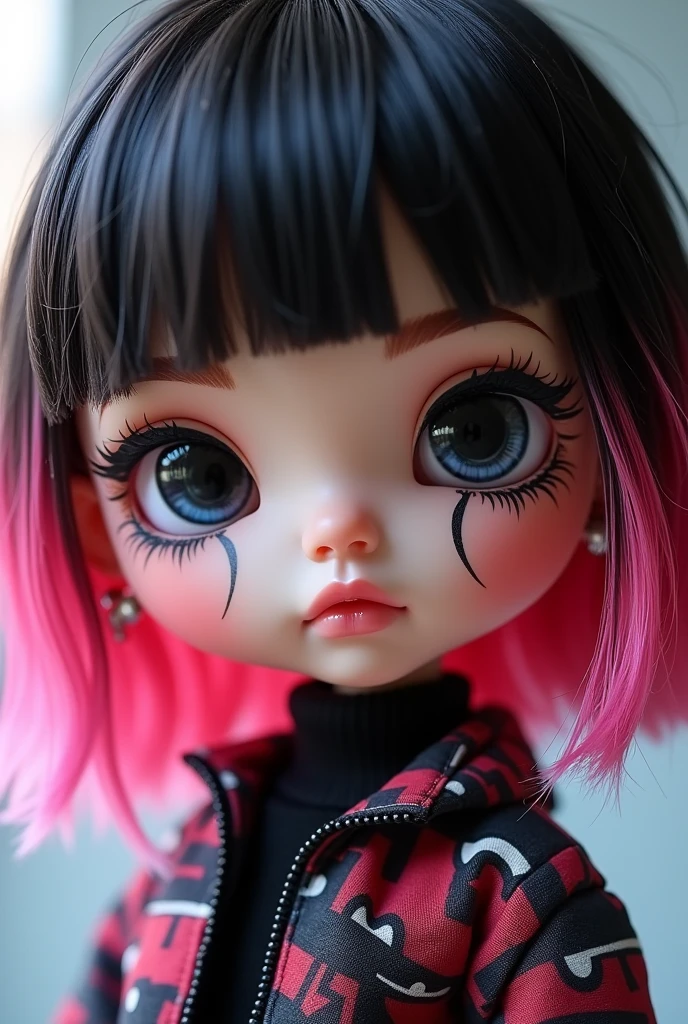 asian acubi style blyth dol with pink chunky highlighted medium short hush cut with soft bangs the doll is close to camera has lot of ear piercings black eyes