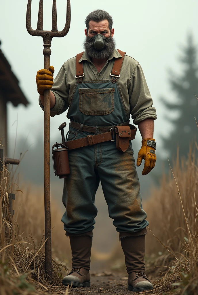 A man in overalls,Boots, gloves, mask and a pitchfork