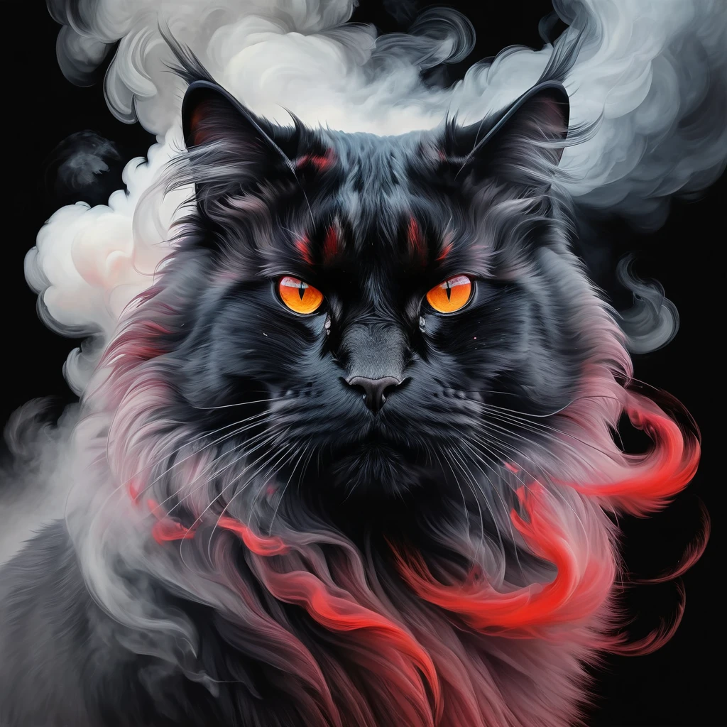 portrait of a large cat covered in cloud of smoke, whirlwind, red highlight colors, black fur, majestic, hints of pastel, misty, sultry, breathtaking, oil painting style, artistic, aesthetic modern art, hyper-realism, line art