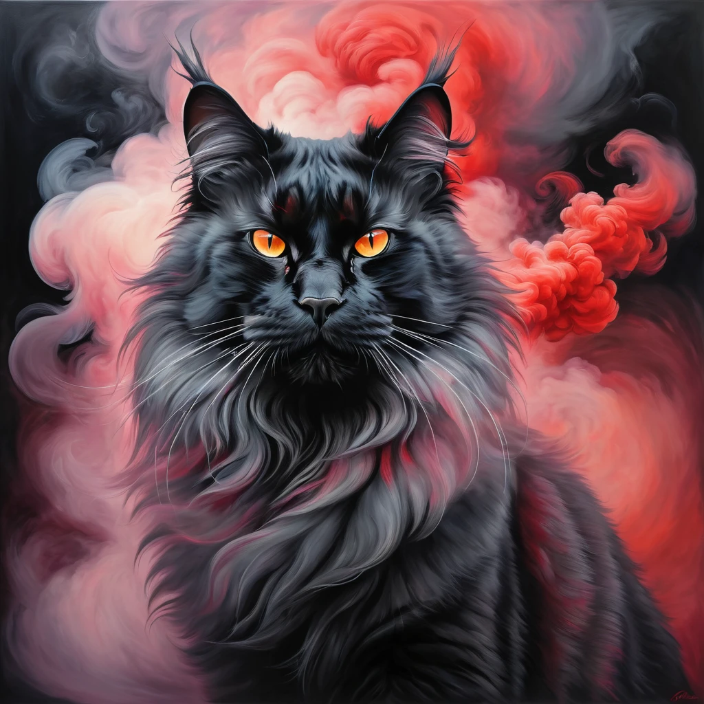 portrait of a large cat covered in cloud of smoke, whirlwind, red highlight colors, black fur, majestic, hints of pastel, misty, sultry, breathtaking, oil painting style, artistic, aesthetic modern art, hyper-realism, line art