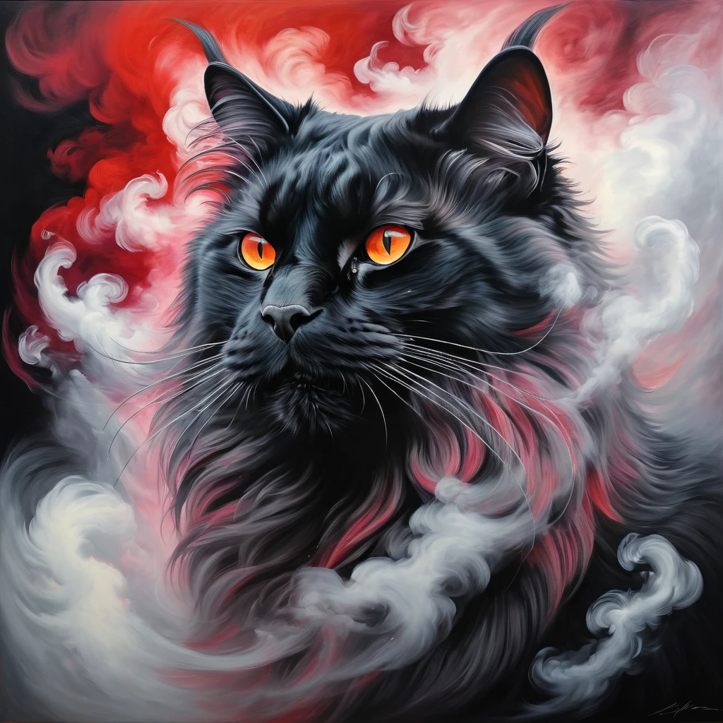 portrait of a large cat covered in cloud of smoke, whirlwind, red highlight colors, black fur, majestic, hints of pastel, misty, sultry, breathtaking, oil painting style, artistic, aesthetic modern art, hyper-realism, line art