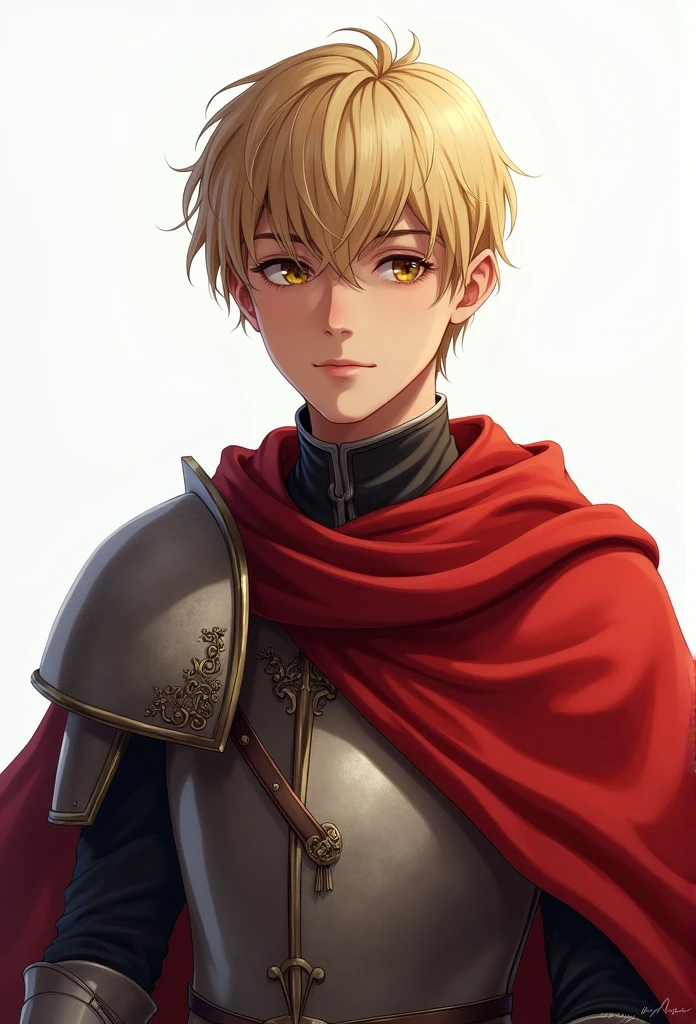 Best quality, masterpiece, ultra high resolution, white background, realistic, hadesstyle, retracted from a 16-year-old prince on the battlefield, short blonde hair, amber eyes, Imperial Prince armor, cape, depth of field